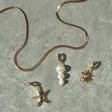 The LLUME Jewelry Every Occasion Set features a gold snake chain necklace on a gray textured surface, accompanied by three interchangeable charms: a starfish, white pearl cluster, and sunburst design.