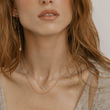 A woman with wavy, light brown hair wears dainty gold necklaces and LLUME Jewelry's Night Sky Earrings. In a soft beige sweater, she effortlessly captures winter style from shoulders to lips.