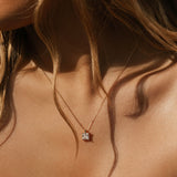Close-up of a woman's neck and collarbone, with wavy hair, wearing LLUME Jewelry's The One Necklace—a gold plated piece with a square-cut clear gem pendant—styled with a white, off-the-shoulder top.