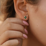A close-up shows a person wearing LLUME Jewelry’s Destiny Earrings—small gold studs with emerald green gemstones encircled by clear stones—while their pink-manicured hand gently touches their ear.