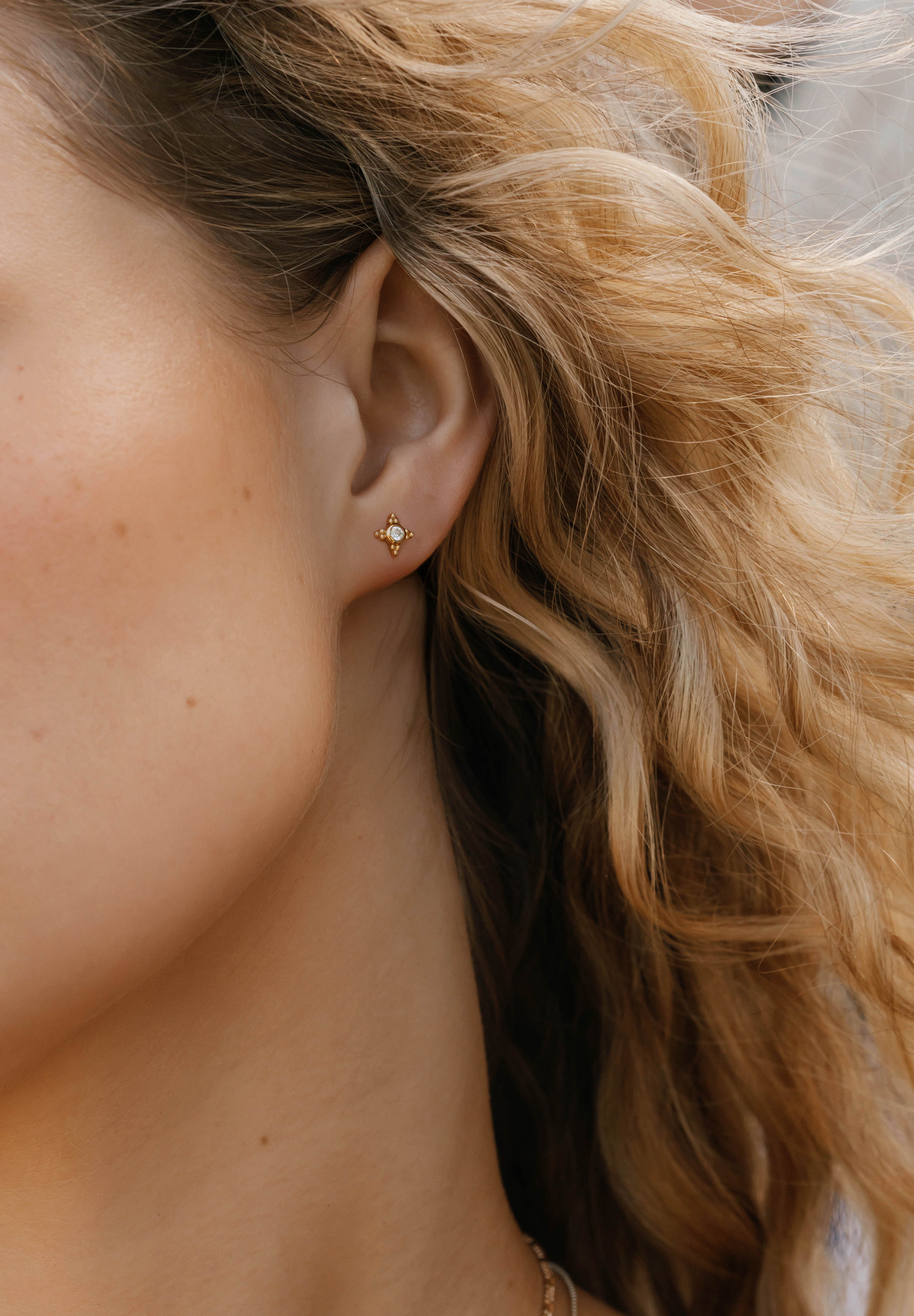 A close-up shows a woman's ear wearing LLUME Jewelry's Myra Studs—delicate earrings with a tiny central gemstone. Her wavy blonde hair frames her naturally toned skin, while a softly blurred background accentuates the jewelry.